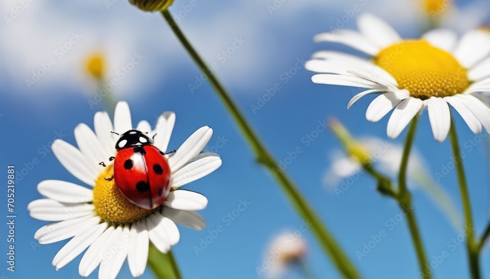 At the center white daisy flower with a ladybug on it in the garden, on the background of blurred grass. Ladybird on daisy. Daylight. Horizontal. Close.