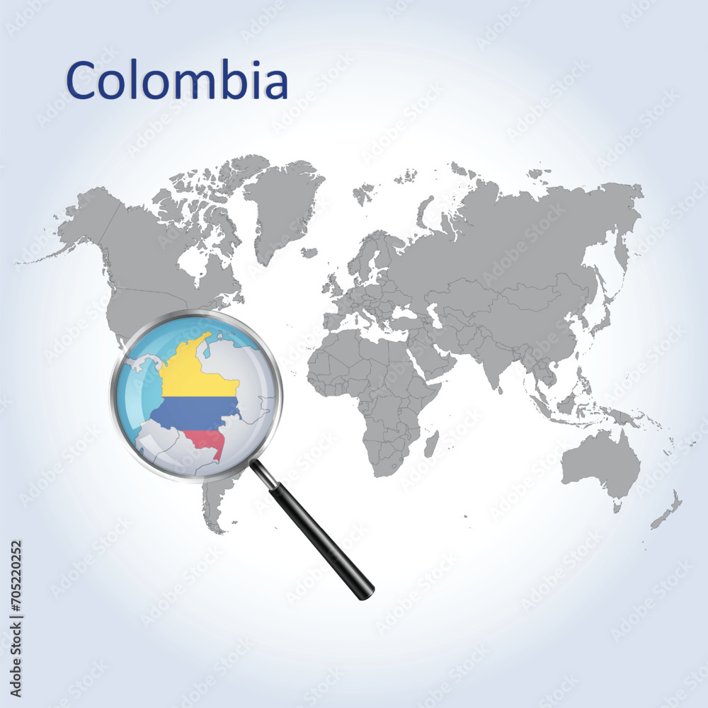 Magnified map Colombia with the flag of Colombia enlargement of maps, Vector Art Magnified map Colombia with the flag of Colombia enlargement of maps, Vector Art