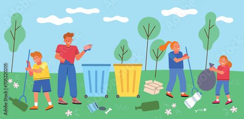 Cute family collect garbage. Nature clean up, parents and children put waste in containers, volunteers help save earth, vector illustration.eps