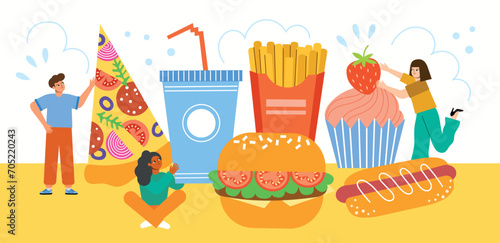 Cute people eat fast food. Cartoon flat men and women with large pizza, burger, hot dog and cupcake, unhealthy products, vector illustration.eps