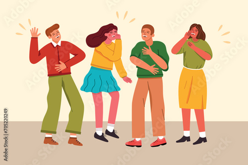 Friends group giggle at joke. Cartoon laughing people, happy funny guys and girls, carefree characters, humor reaction, vector illustration.eps