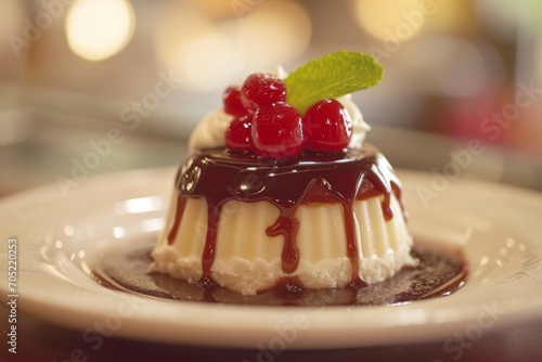 White jelly pudding with cherries and chocolate topping in white plate photo