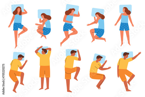 Guy and girl sleeping. Cartoon people sleep in different poses, cute characters in pajamas, body positions in comfortable bed, vector set.eps