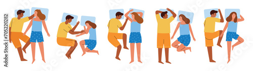 Happy sleeping couple. Different bodies positions, cartoon guy and girl in pajamas, cute lovers lie on pillows, sleep phases, vector set.eps