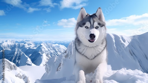 Siberian husky dog sitting on a snowy mountain.