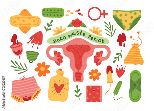 Cartoon menstruation hygiene elements. Female pms period items, women underwear, anatomical uterus and ovaries, pads and tampons, vector set.eps