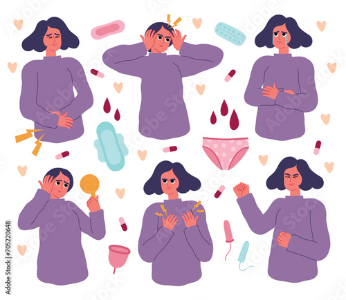 Cartoon girl with pms symptoms. Women conditions during menstruation, bad mood, headache and abdominal pain, rash and bleeding, vector set.eps