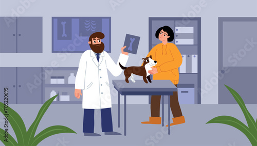 Owner with dog at vet. Veterinary office, doctor looks X ray with dogs paw fracture, pet with cast on limb, animal care, vector illustration.eps