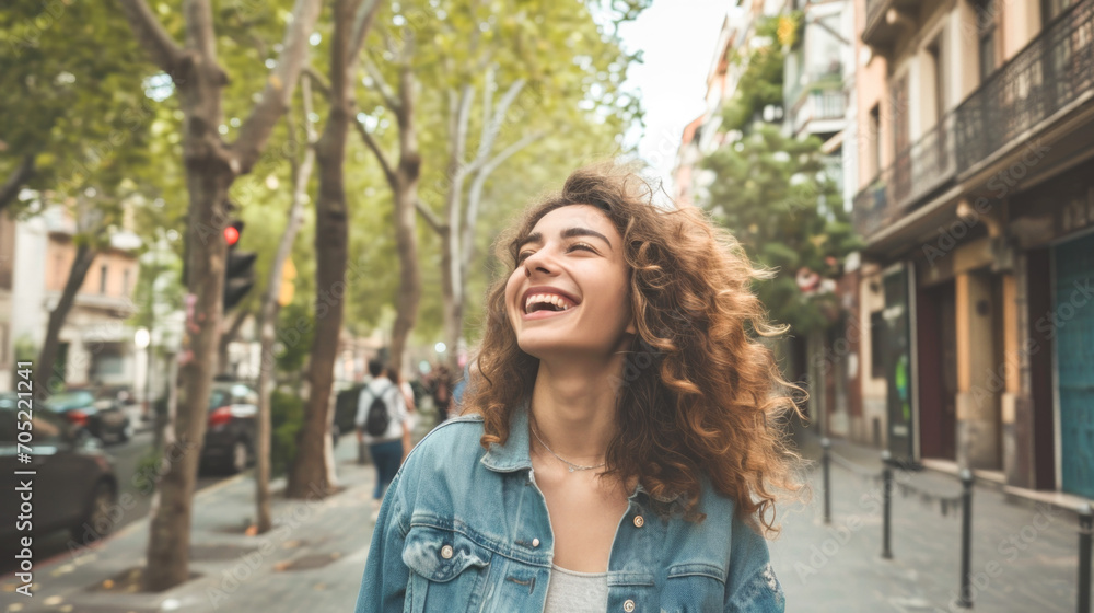 Joyful Curly-Haired Woman Laughing on a Tree-Lined City Street