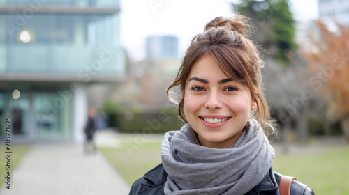 Smiling Woman in Autumn Attire with Modern Architecture Background