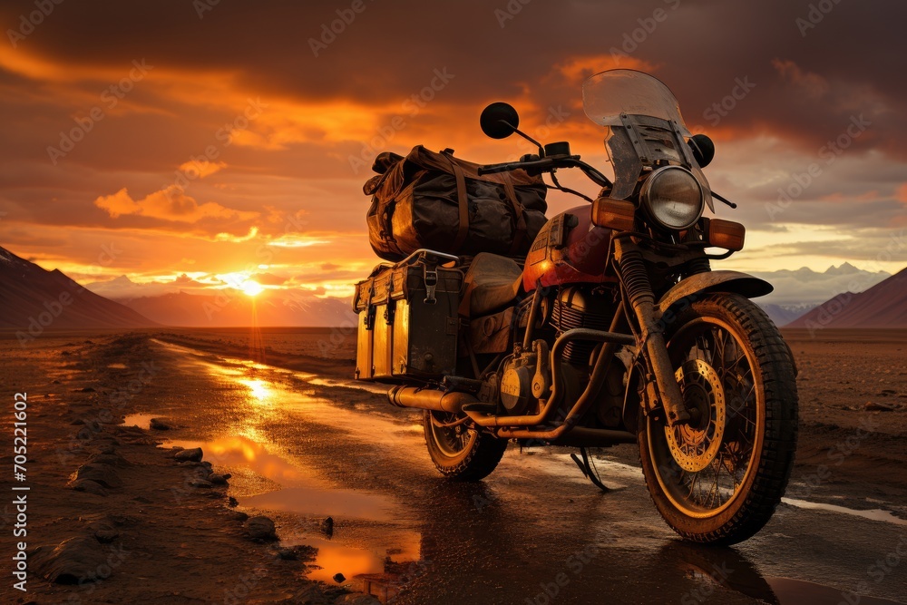 Lonely motorcyclist traveling golden dunes at sunset in the desert., generative IA Lonely motorcyclist traveling golden dunes at sunset in the desert., generative IA