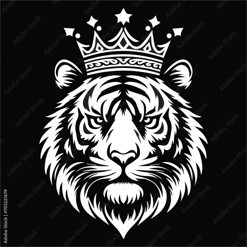 King tiger crown ,  Tiger crown head black and white vector illustration