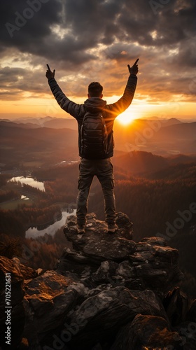 Man Celebrating Mountaintop Success