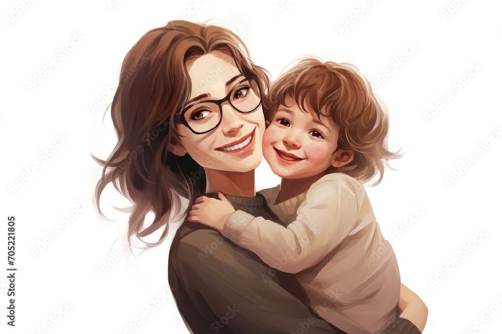Illustration of a mother in glasses holding a child on a white background. Mother's Day concept. Illustration of a mother in glasses holding a child on a white background. Mother's Day concept.