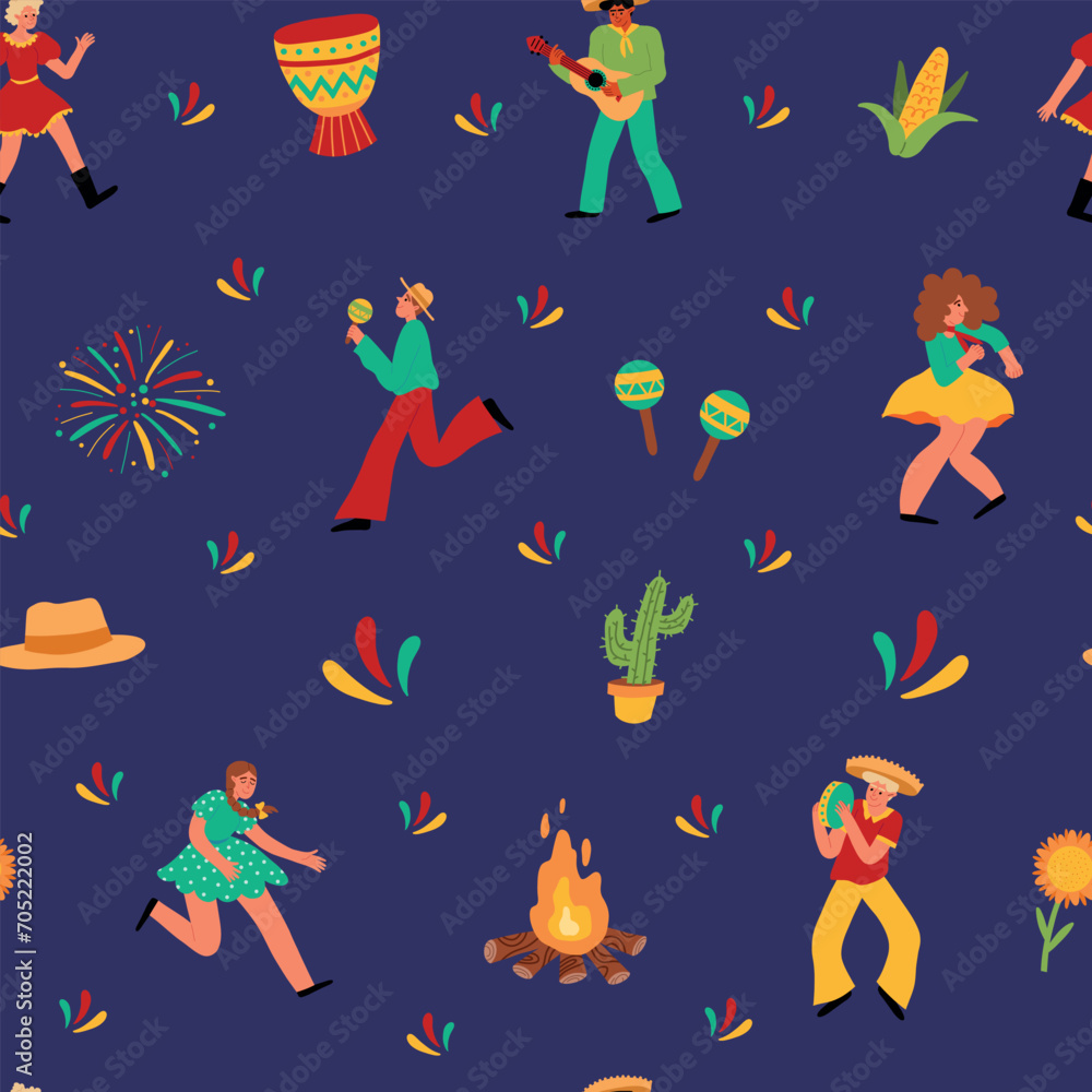Festa junina festival seamless pattern. Repeated country holiday elements, harvest party people, dancers and musicians, vector illustration.eps