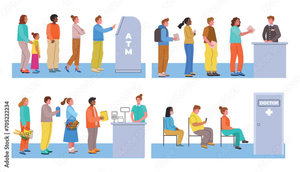 Cartoon people people in lines. Long queues to various services, atm, bank, cash register, doctor office, men and women waiting, vector set.eps Cartoon people people in lines. Long queues to various services, atm, bank, cash register, doctor office, men and women waiting, vector set.eps