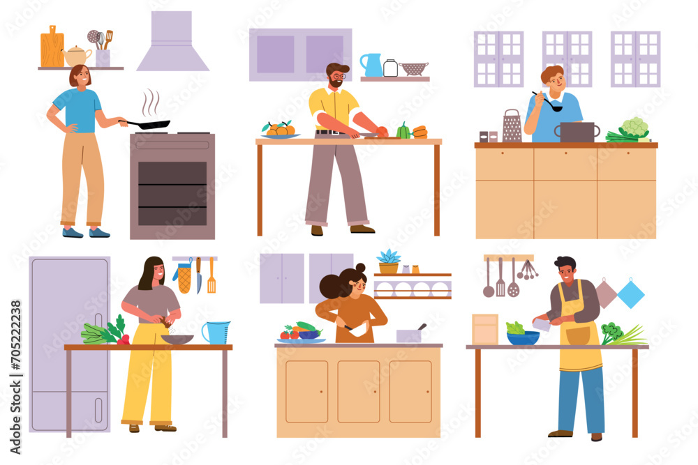 Cartoon people engaged in home cooking. Happy men and women make salads, cook soups, fry fried eggs, household chores process, vector set.eps