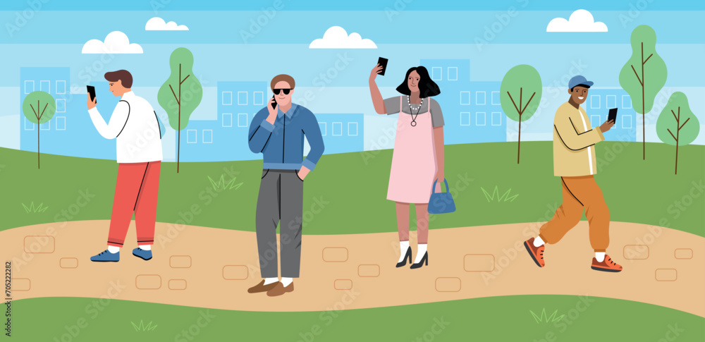 People use mobile phones in urban environment. men and women walk down street with gadgets, citizens with smartphones, vector illustration.eps