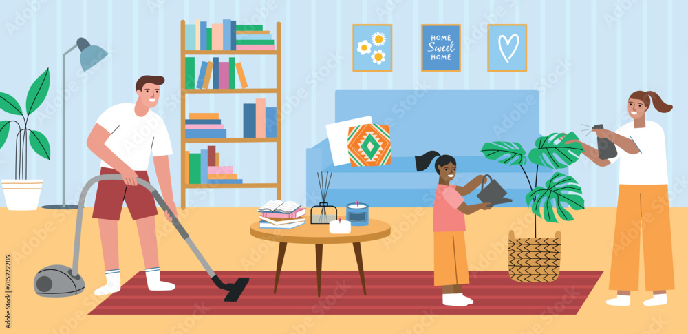 Family puts things in order in hall. Parents with daughter vacuuming floor and watering flowers, household chores, vector illustration.eps Family puts things in order in hall. Parents with daughter vacuuming floor and watering flowers, household chores, vector illustration.eps