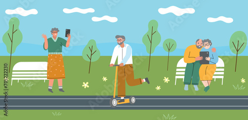 Elderly people use modern gadgets in city park. Seniors with devices, taking selfies, chatting in video, riding scooter. vector illustration.eps
