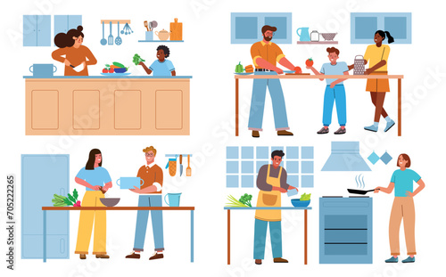 Friendly family cooks lunch together. Happy parents with children, couples in love in kitchen, homemade food preparing process, vector set.eps