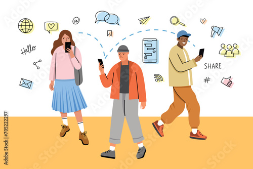 Trendy guys and girls use social networks on go. Mobile apps for dating and communication, fast information transfer, vector illustration.eps