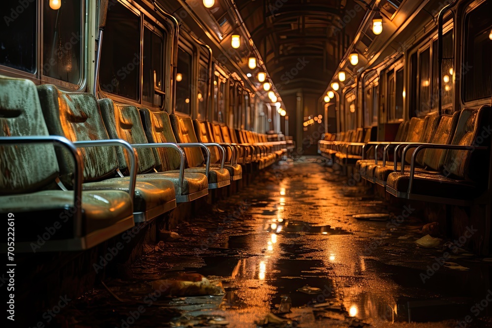 Solid Solitude: Metro Carriages at Night Mainatenance - Empty Seats, Tools Ready., generative IA