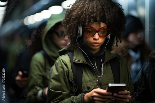 Passengers immersed in smartphones in the urban subway., generative IA