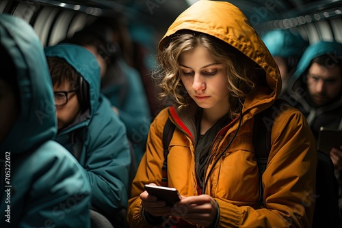 Passengers immersed in smartphones in the urban subway., generative IA