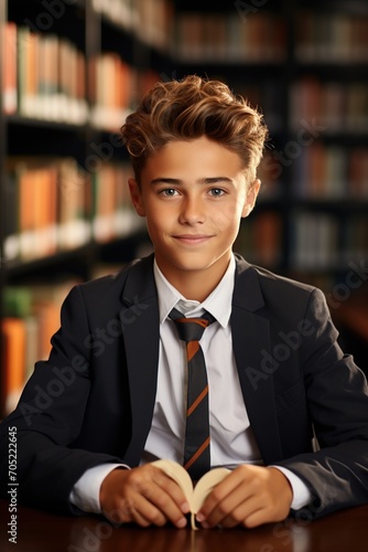 Portrait of a teenage boy in a suit and tie sitting in a library photo