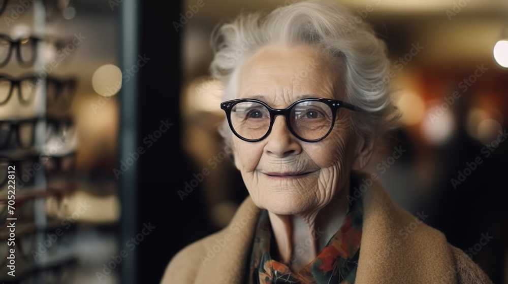 Elderly Lady Browsing Reading Glasses in Eyewear Store - Generative AI Elderly Lady Browsing Reading Glasses in Eyewear Store - Generative AI