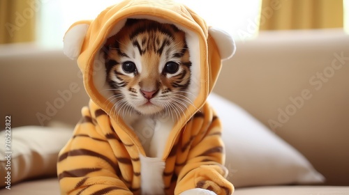 Cute little tiger in pajamas sitting on sofa at home photo