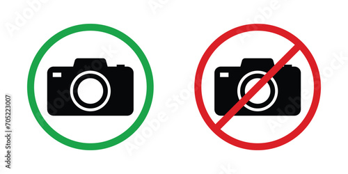 camera icon prohibition with red circle, camera icon allowed with green circle vector