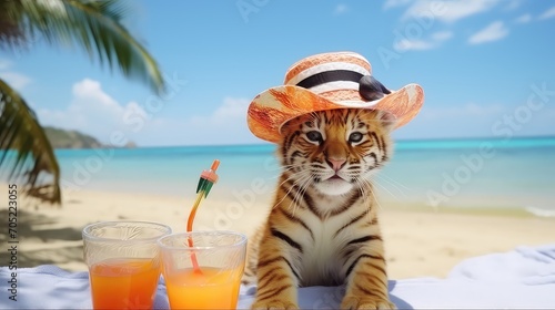 Tiger in summer hat drinking orange juice on the beach with sea background