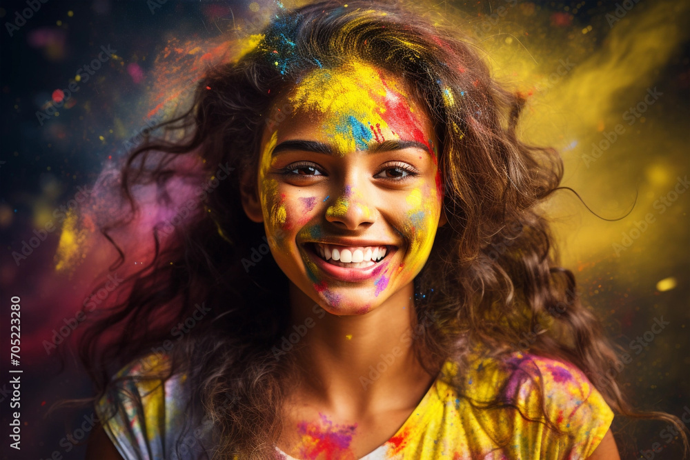 Obraz premium Portrait of young woman in colorful powder on indian street, Holi festival