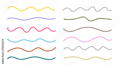 Set of hand drawn pencil wavy lines on different colors isolated on white background. Collection of wave horizontal line brush stroke in doodle style. Marker line scribble elements.Vector illustration