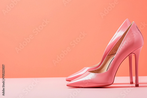 Pink female high heel shoes on pink background. Fashion, wedding, party and advertising concept. Elegant pink shoes, woman accessories, creative minimal background