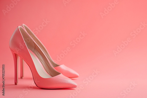 Pink female high heel shoes on pink background. Fashion, wedding, party and advertising concept. Elegant pink shoes, woman accessories, creative minimal background
