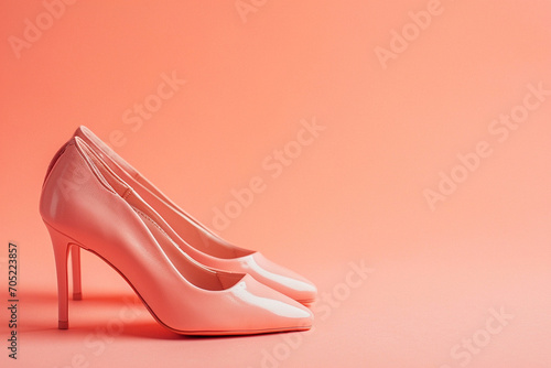 Pink female high heel shoes on pink background. Fashion, wedding, party and advertising concept. Elegant pink shoes, woman accessories, creative minimal background