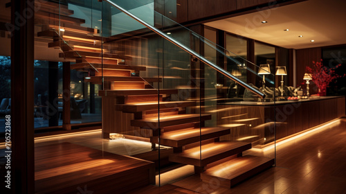 A luxurious wooden staircase with transparent glass sides, under-handrail LED lighting subtly enhancing the ambiance in a sophisticated home.