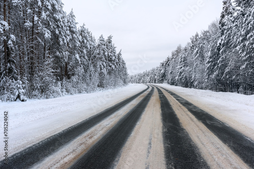 A road with beautiful snow-covered spruce trees along the sides.