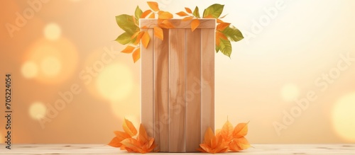 Wooden cut podium with concrete wall background decorated with dry leaves. suitable for business product presentations