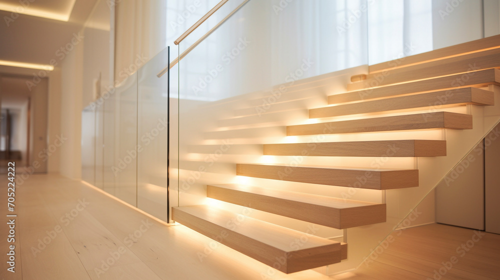 A light maple wooden staircase with glass balustrades, complemented by soft LED lighting under the handrails, in a bright, modern home.