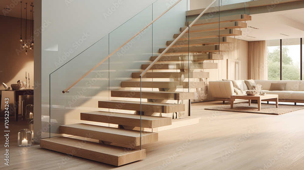 A light oak and glass staircase, creating an airy, floating effect in a modern, naturally lit space. A light oak and glass staircase, creating an airy, floating effect in a modern, naturally lit space.