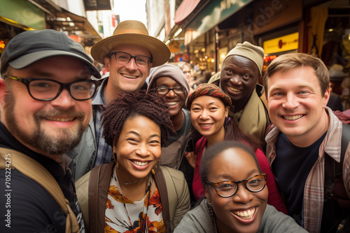 Lebhaftes Gruppen-Selfie von internationalen Touristen und fröhlichen Einheimischen in einem belebten Marktviertel, weltoffenes Zusammenkommen in der Stadt