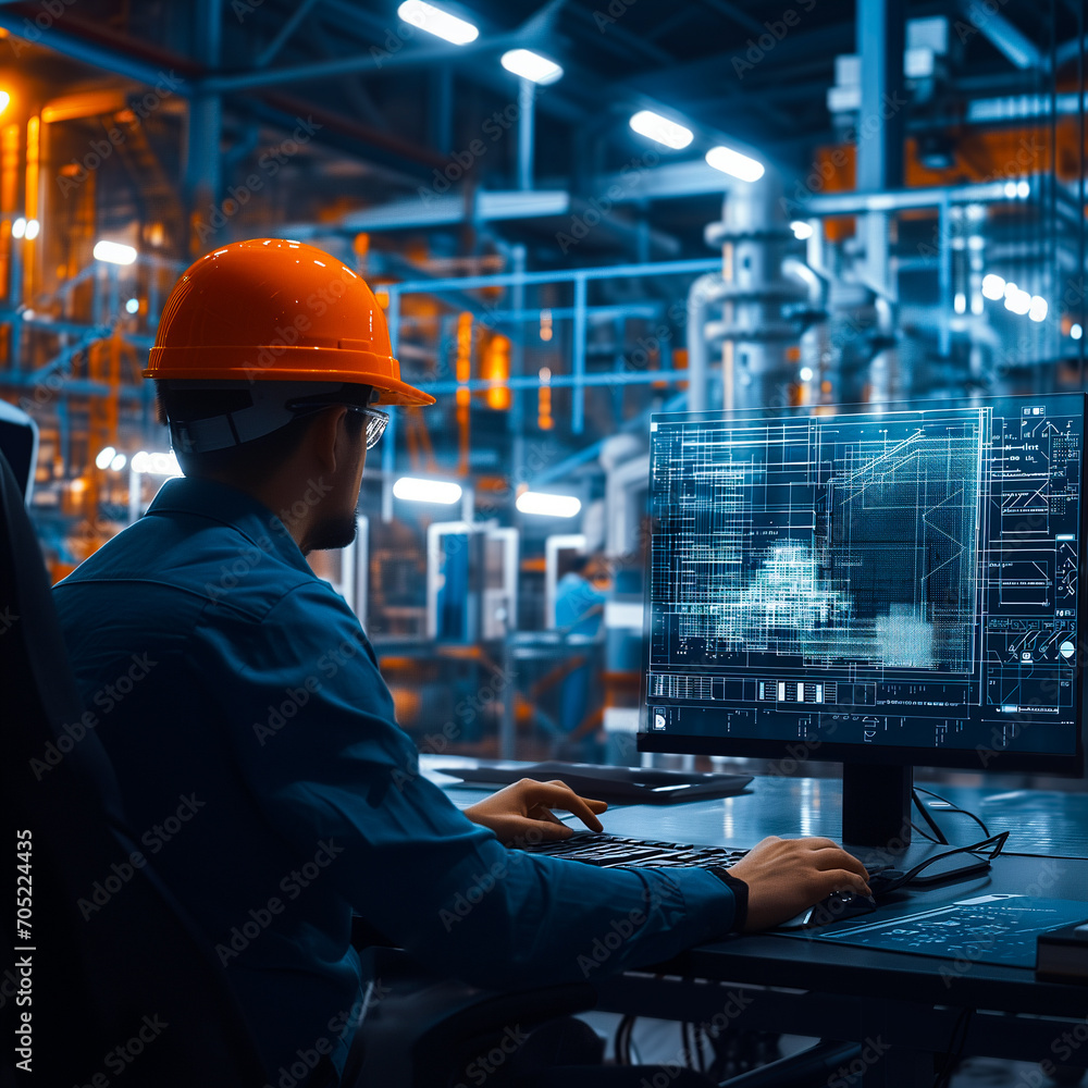 Engineering's back photos,wearing orange safety helmet sitting and working on computer.Front of desktop computers screens, blur background. Engineering's back photos,wearing orange safety helmet sitting and working on computer.Front of desktop computers screens, blur background.