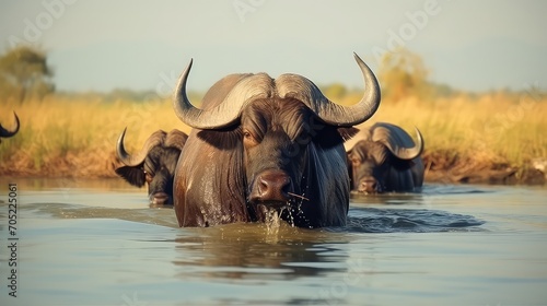 African buffalo (Syncerus caffer) in water, Kruger National Park, South Africa photo