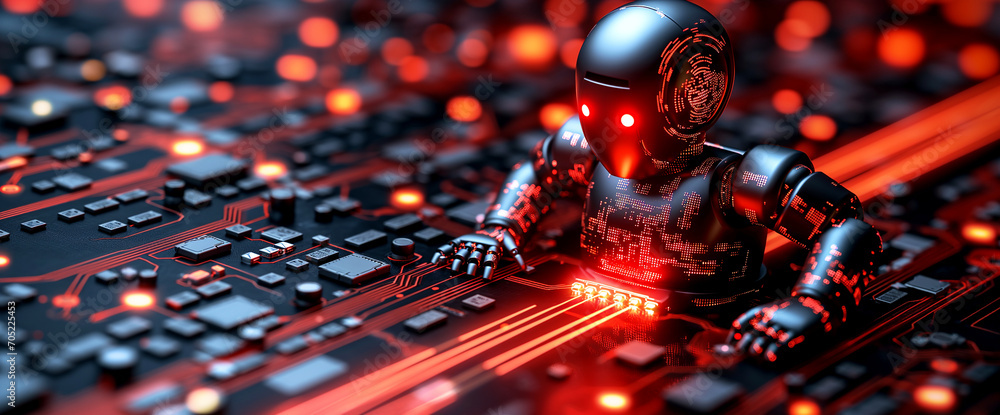 black robotic figure with red glowing eyes on an electronic circuit board with red lights and circuits, suggesting advanced technology - obrazy, fototapety, plakaty 