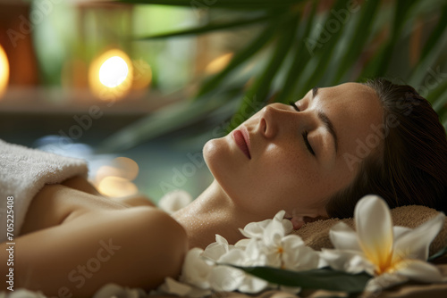 Girl relaxing in a spa with candles burning next to the pool