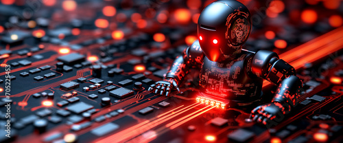 black robotic figure with red glowing eyes on an electronic circuit board with red lights and circuits, suggesting advanced technology photo